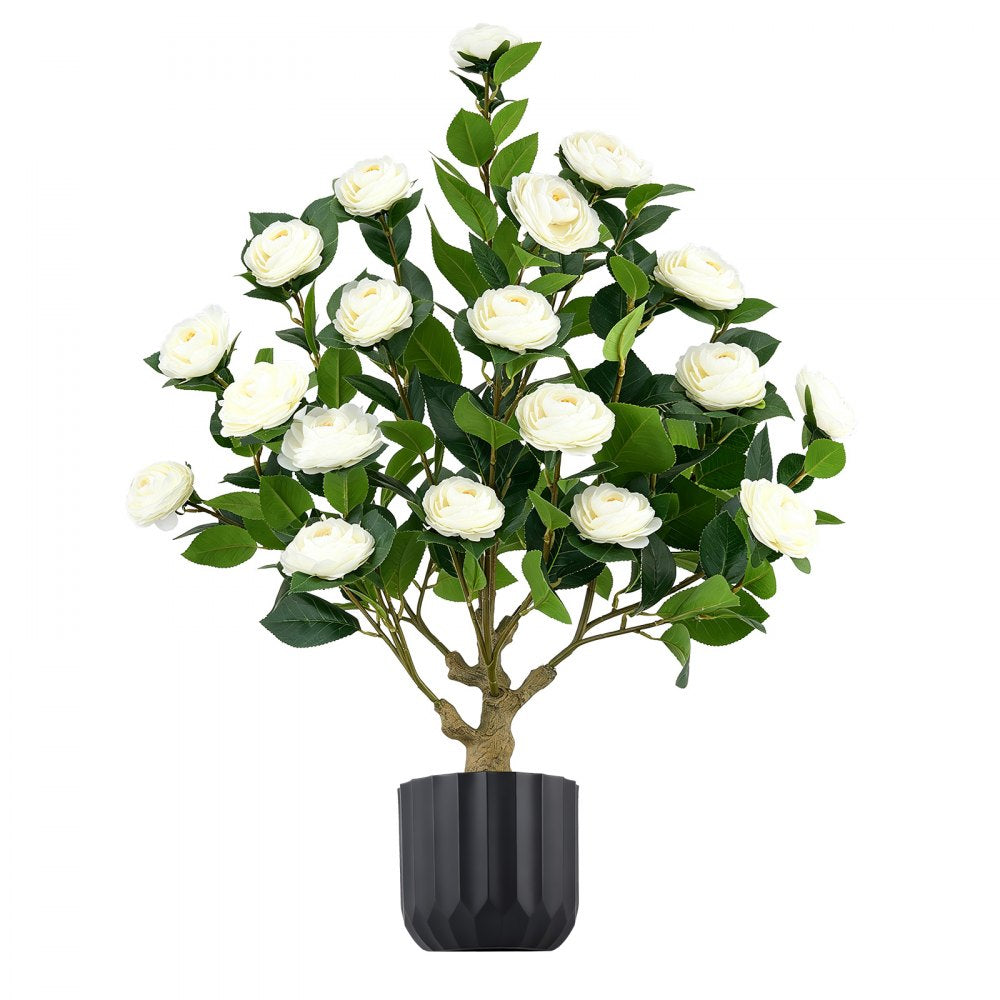 VEVOR Artificial Potted Camellias 34 in 2-Pack Fake Flower Plants White, for Porch, Patio, Entryway, & Home Decor, Indoor & Outdoor Use, Silk and PE Blooms in Pots, Ready to Display Faux Plants