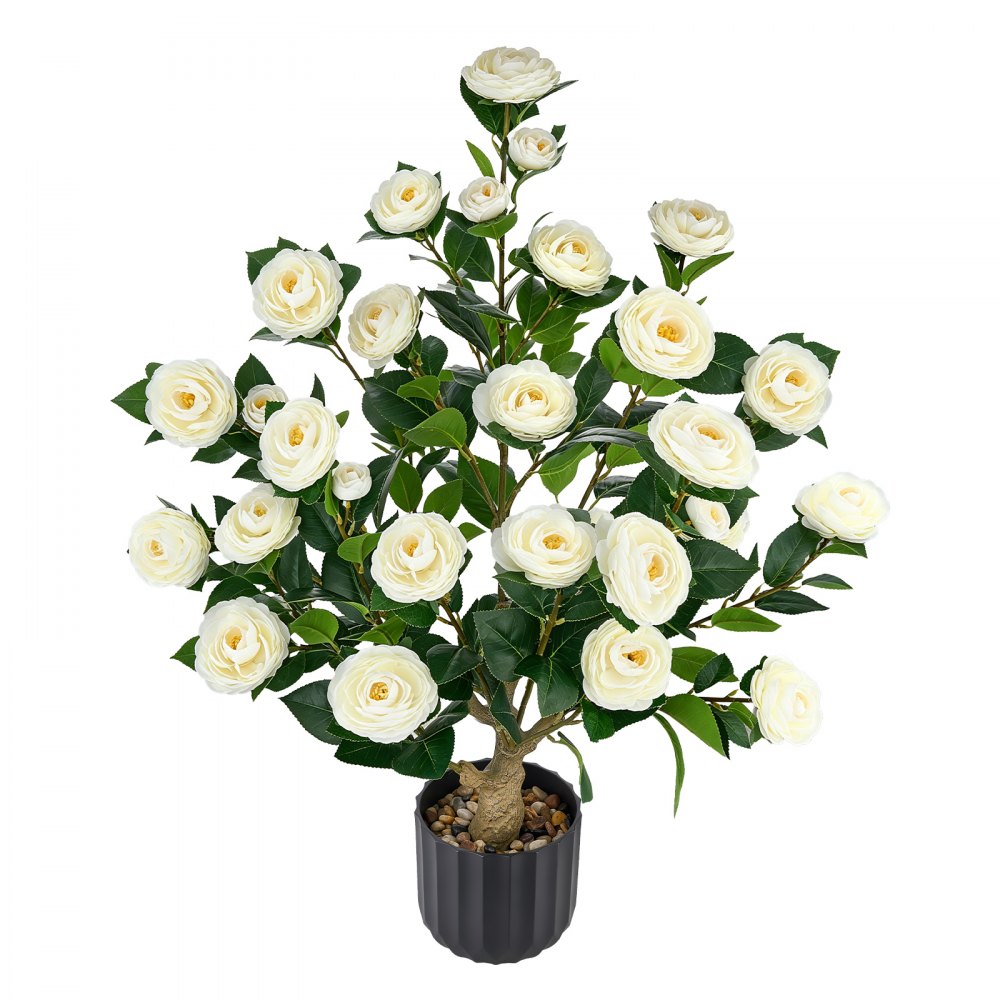 VEVOR Artificial Potted Camellias 34 in 2-Pack Fake Flower Plants White, for Porch, Patio, Entryway, & Home Decor, Indoor & Outdoor Use, Silk and PE Blooms in Pots, Ready to Display Faux Plants