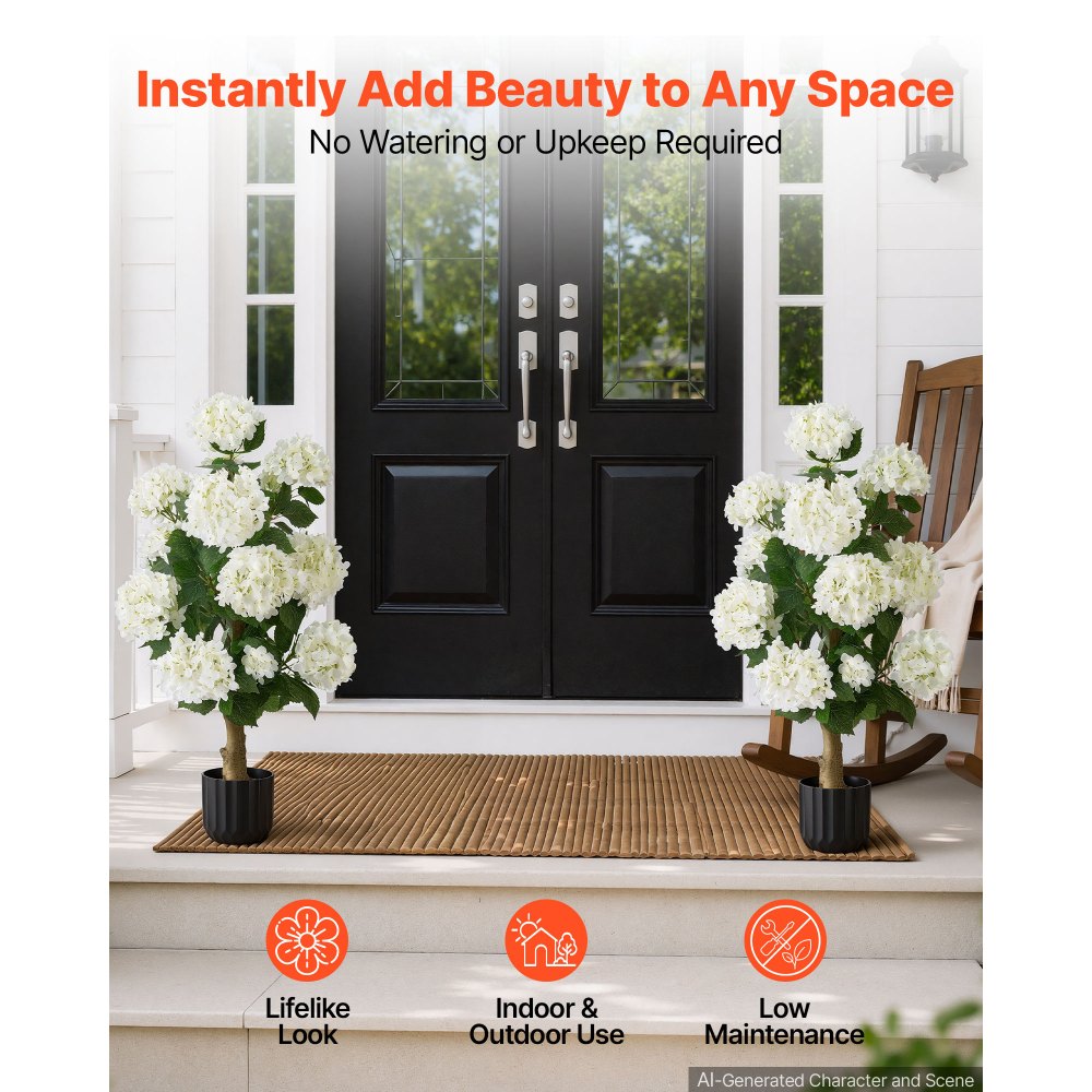 VEVOR Artificial Potted Hydrangeas 35 in 2-Pack Fake Flower Plants White, for Porch, Patio, Entryway, & Home Decor, Indoor & Outdoor Use, Silk and PE Blooms in Pots, Ready to Display Faux Plants