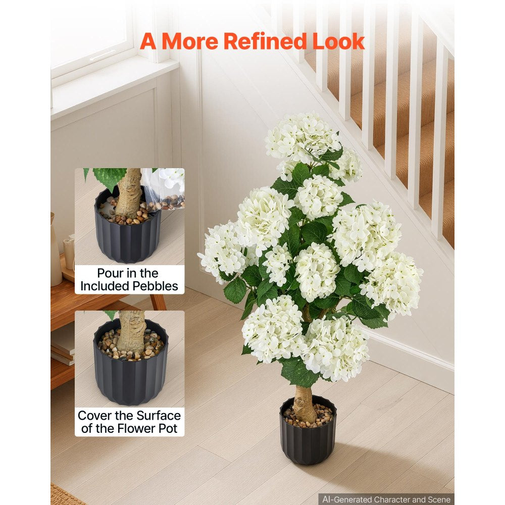 VEVOR Artificial Potted Hydrangeas 35 in 2-Pack Fake Flower Plants White, for Porch, Patio, Entryway, & Home Decor, Indoor & Outdoor Use, Silk and PE Blooms in Pots, Ready to Display Faux Plants