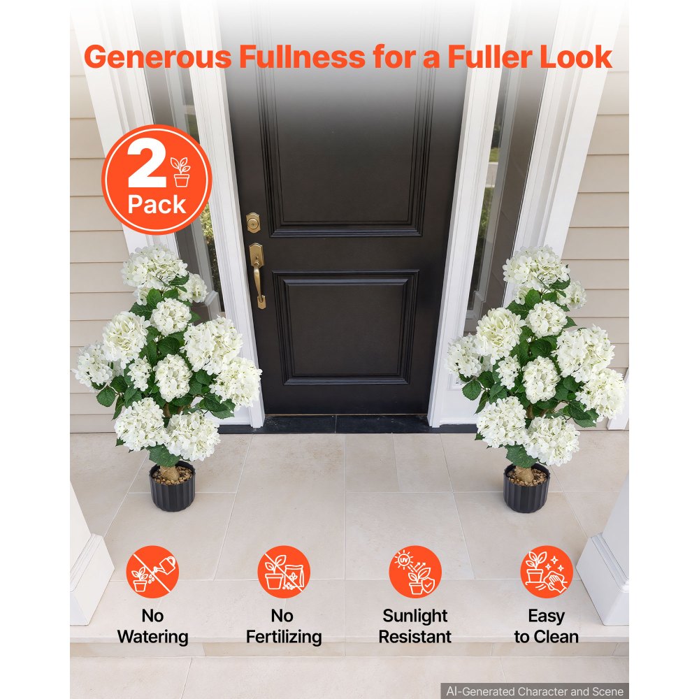 VEVOR Artificial Potted Hydrangeas 35 in 2-Pack Fake Flower Plants White, for Porch, Patio, Entryway, & Home Decor, Indoor & Outdoor Use, Silk and PE Blooms in Pots, Ready to Display Faux Plants