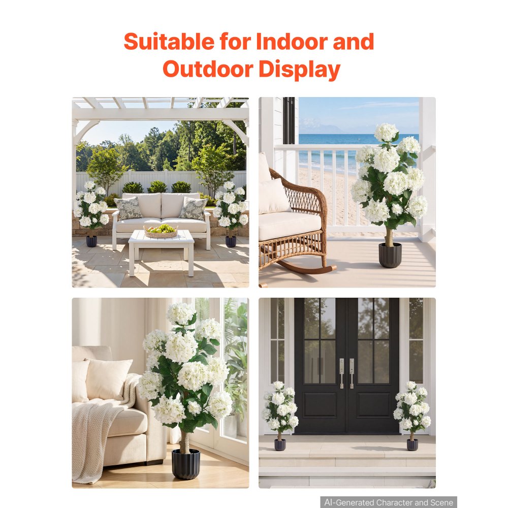 VEVOR Artificial Potted Hydrangeas 35 in 2-Pack Fake Flower Plants White, for Porch, Patio, Entryway, & Home Decor, Indoor & Outdoor Use, Silk and PE Blooms in Pots, Ready to Display Faux Plants