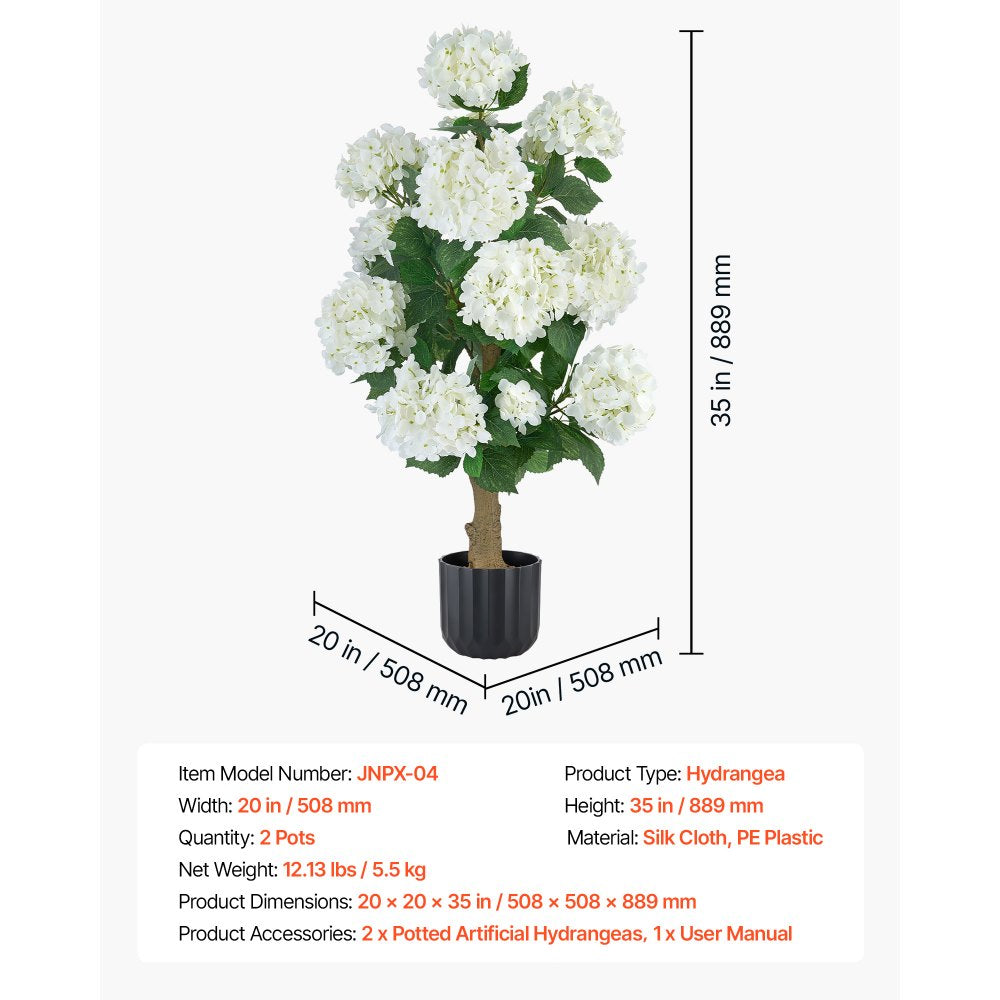 VEVOR Artificial Potted Hydrangeas 35 in 2-Pack Fake Flower Plants White, for Porch, Patio, Entryway, & Home Decor, Indoor & Outdoor Use, Silk and PE Blooms in Pots, Ready to Display Faux Plants