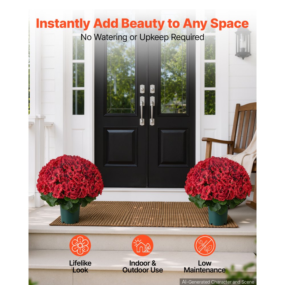VEVOR Artificial Potted Geraniums 20 in 2-Pack Fake Flower Plants Decor Red, for Porch, Patio, Entryway, & Home Decor, Indoor & Outdoor Use, Silk and PE Blooms in Pots, Ready to Display Faux Plants