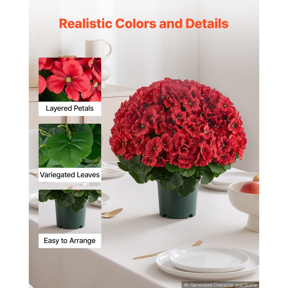 VEVOR Artificial Potted Geraniums 20 in 2-Pack Fake Flower Plants Decor Red, for Porch, Patio, Entryway, & Home Decor, Indoor & Outdoor Use, Silk and PE Blooms in Pots, Ready to Display Faux Plants