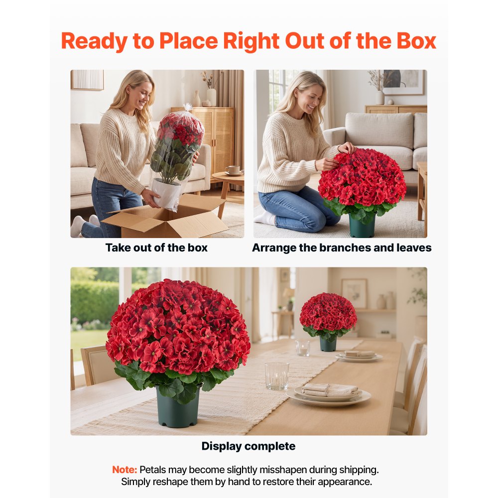 VEVOR Artificial Potted Geraniums 20 in 2-Pack Fake Flower Plants Decor Red, for Porch, Patio, Entryway, & Home Decor, Indoor & Outdoor Use, Silk and PE Blooms in Pots, Ready to Display Faux Plants