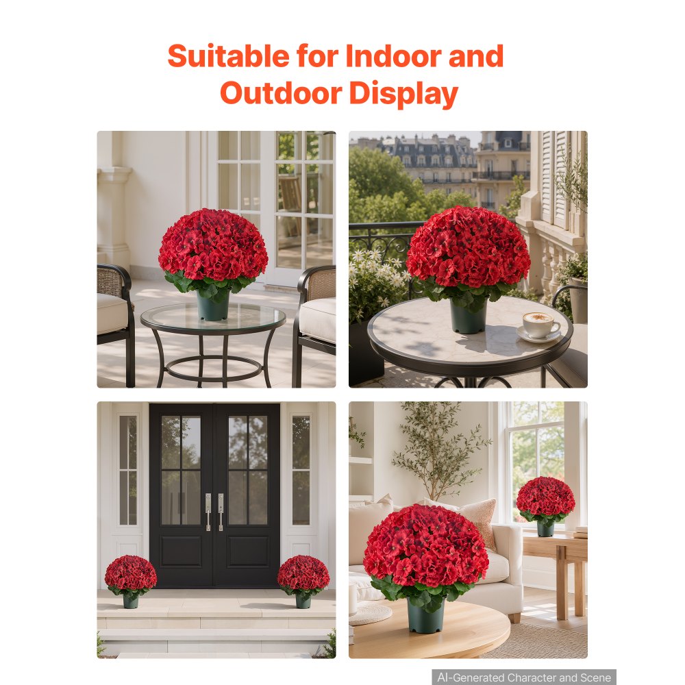 VEVOR Artificial Potted Geraniums 20 in 2-Pack Fake Flower Plants Decor Red, for Porch, Patio, Entryway, & Home Decor, Indoor & Outdoor Use, Silk and PE Blooms in Pots, Ready to Display Faux Plants