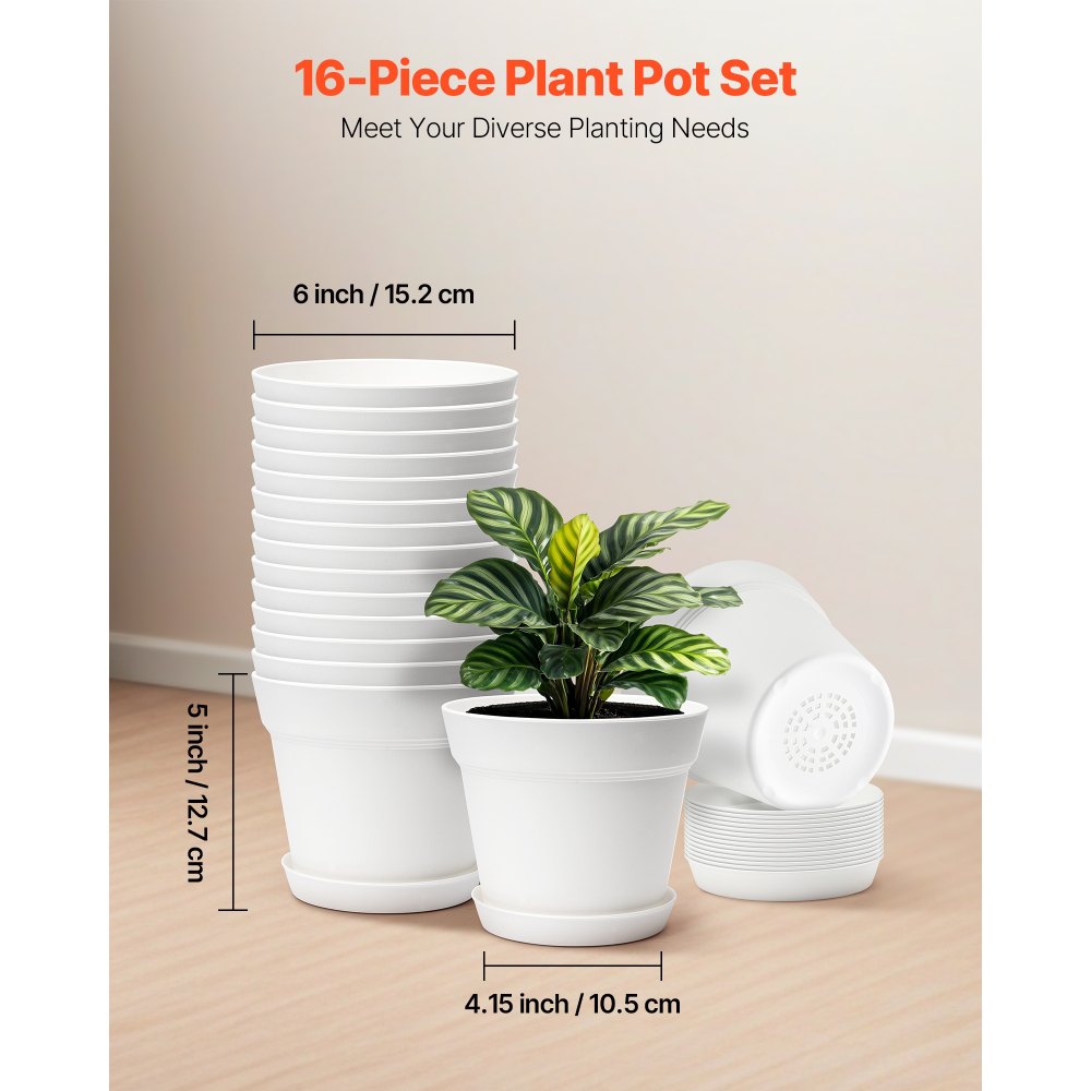 VEVOR Plastic Plant Pots, 16 Packs 6 in Durable Planters, Lightweight Nursery Pots with Drainage Holes & Detachable Saucers, Round Tapered Flower Pot for Indoor & Outdoor Plants, Home Garden Decor