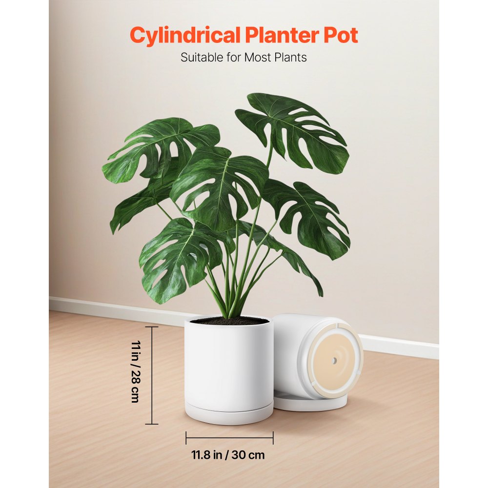 VEVOR Plant Pot, 12-Inch Large Cylinder Planter with Drainage Holes, Non-Slip Pads & Detachable Saucer, Modern Ceramic Flower Pots, Indoor and Outdoor Tree Planter Pot, Home & Office Decorations