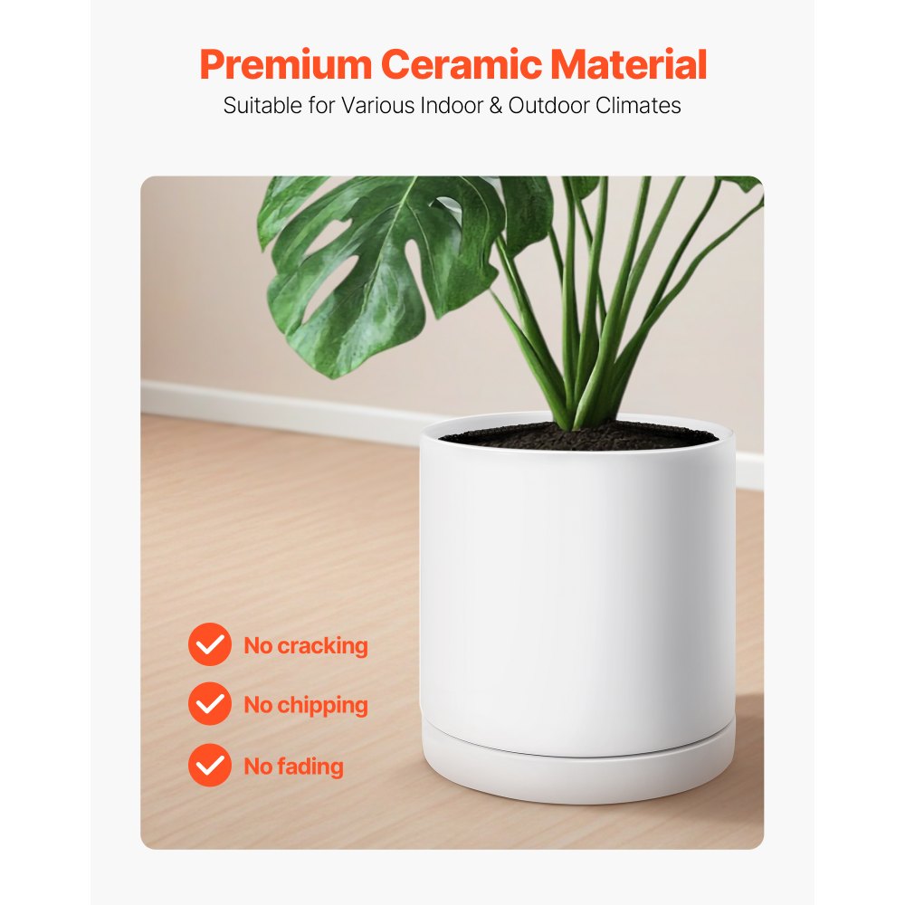 VEVOR Plant Pot, 12-Inch Large Cylinder Planter with Drainage Holes, Non-Slip Pads & Detachable Saucer, Modern Ceramic Flower Pots, Indoor and Outdoor Tree Planter Pot, Home & Office Decorations