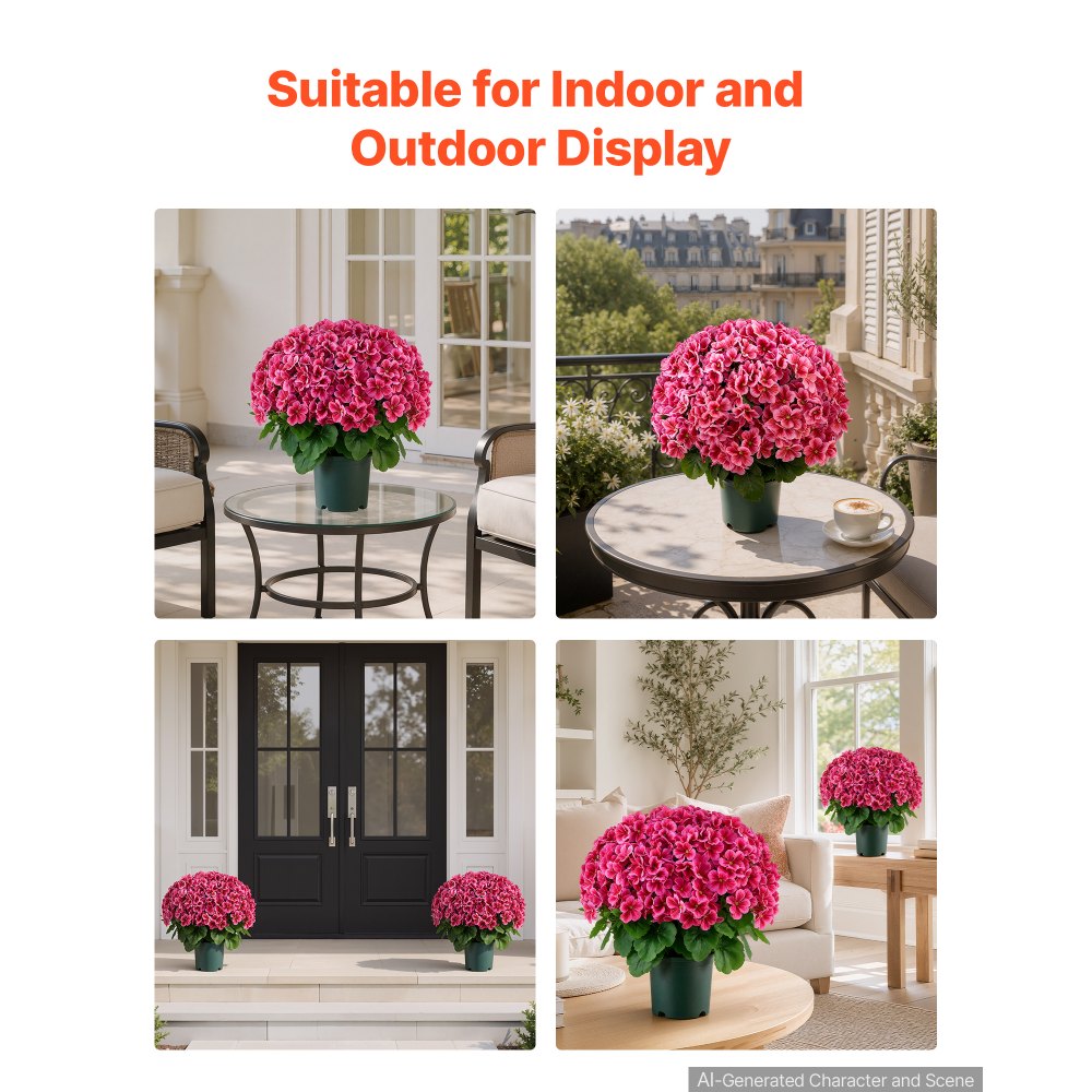 VEVOR Artificial Potted Geraniums 20 in 2-Pack Fake Flower Plants Deep Pink, for Porch, Patio, Entryway, & Home Decor, Indoor & Outdoor Use, Silk and PE Blooms in Pots, Ready to Display Faux Plants