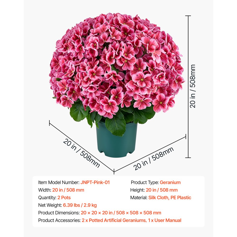 VEVOR Artificial Potted Geraniums 20 in 2-Pack Fake Flower Plants Deep Pink, for Porch, Patio, Entryway, & Home Decor, Indoor & Outdoor Use, Silk and PE Blooms in Pots, Ready to Display Faux Plants
