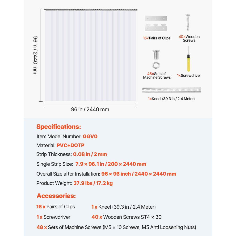 VEVOR Strip Curtain 16PCS, 96" Height, 96" Width, 0.08" Thickness, Clear Smooth Plastic Door Strips with 50% Overlap, PVC Strip Door Curtain Freezer Curtain for Warehouses, Walk in Freezers, Coolers