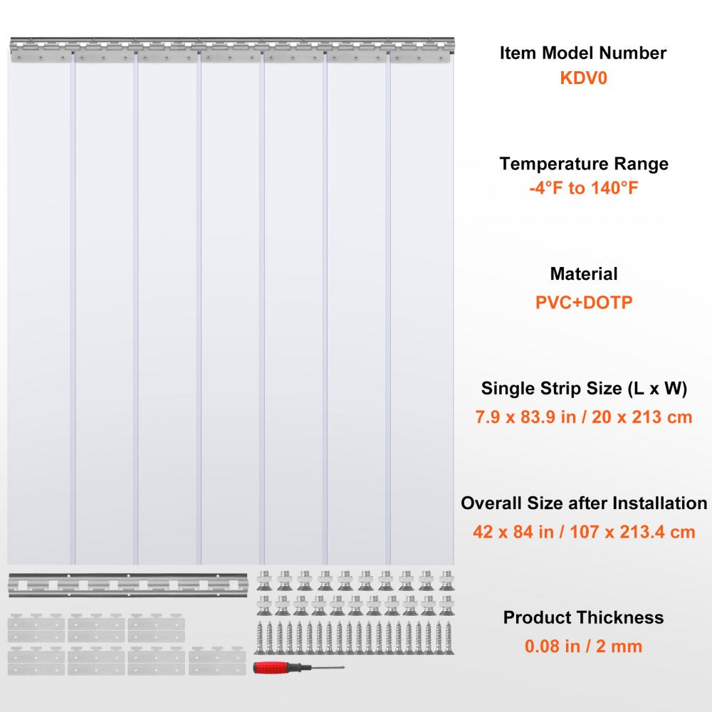 VEVOR Strip Curtain, 84" Height x 42" Width, 0.08" Thickness, 7PCS Clear PVC Strip Door Curtain, Freezer Curtain, Plastic Door Strips for Walk in Freezers, Coolers & Warehouse Doors, with 50% Overlap