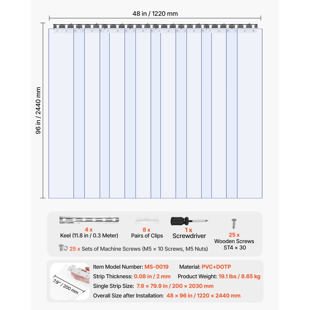 VEVOR Clear PVC Strip Curtain, 96 in Height x 48 in Width x 0.08 in Thickness, 8 PCS Walk in Freezer Cooler Curtain Strips, Smooth Waterproof Plastic Door Strips for Warehouse, Freezer, Garage Doors