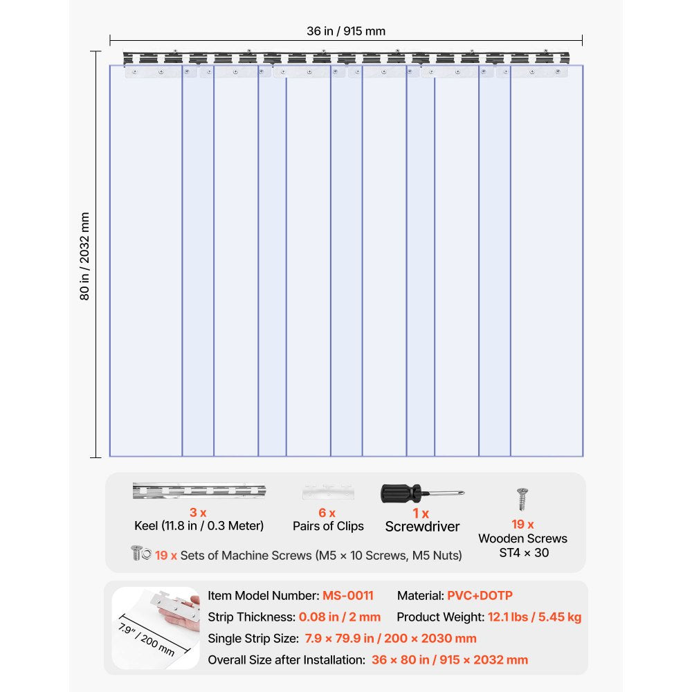 VEVOR Clear PVC Strip Curtain, 80 in Height x 36 in Width x 0.08 in Thickness, 6 PCS Walk in Freezer Cooler Curtain Strips, Smooth Waterproof Plastic Door Strips for Warehouse, Freezer, Garage Doors