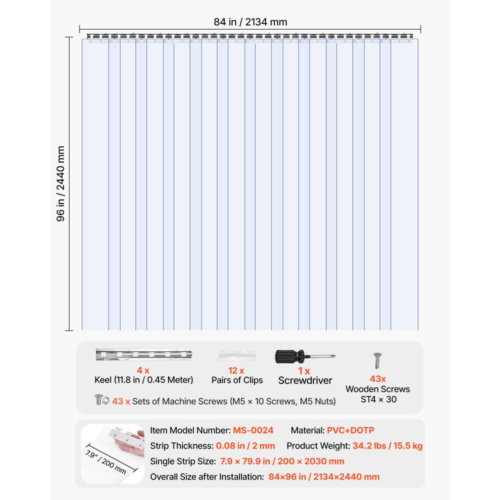 VEVOR Clear PVC Strip Curtain, 96 in Height x 84 in Width x 0.08 in Thickness, 14 PCS Walk in Freezer Cooler Curtain Strips, Smooth Waterproof Plastic Door Strips for Warehouse, Freezer, Garage Doors