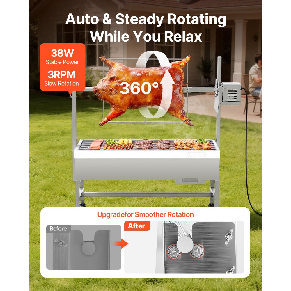 VEVOR Rotisserie Grill, 38W BBQ Outdoor Pig & Lamb Spit Roaster, Charcoal Spit Roaster with 132 LBS Capacity, Wheels & 7-Level Height, Stainless Steel Electric Rotisserie Grill Kit for Camping Outdoor