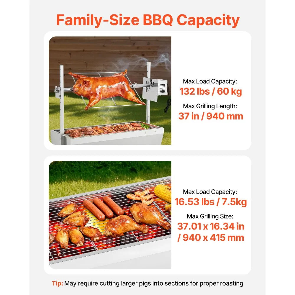VEVOR Rotisserie Grill, 38W BBQ Outdoor Pig & Lamb Spit Roaster, Charcoal Spit Roaster with 132 LBS Capacity, Wheels & 7-Level Height, Stainless Steel Electric Rotisserie Grill Kit for Camping Outdoor
