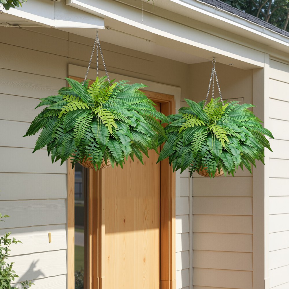 VEVOR Artificial Ferns, 45 Inch Fake Boston Fern Bush Plant with 63 Fronds, Faux Greenery for Indoor/Outdoor Decor, Silk & LDPE, Suitable for Home Porch Garden Office Living Room Planter, Set of 2