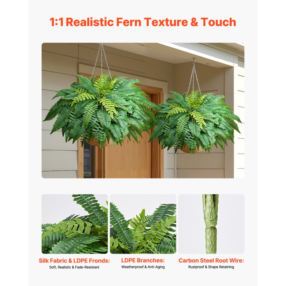 VEVOR Artificial Ferns, 48 Inch Fake Boston Fern Bush Plant with 67 Fronds, Faux Greenery for Indoor/Outdoor Decor, Silk & LDPE, Suitable for Home Porch Garden Office Living Room Planter, Set of 2