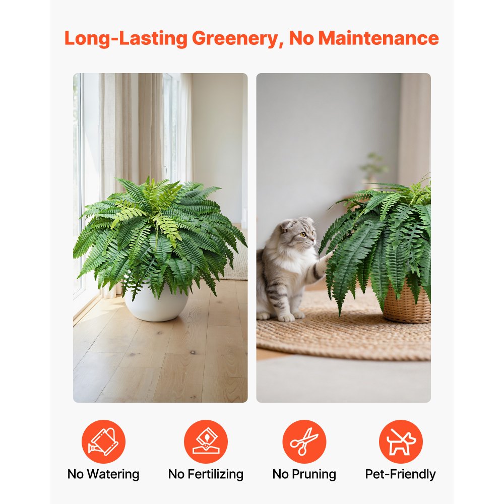 VEVOR Artificial Ferns, 48 Inch Fake Boston Fern Bush Plant with 67 Fronds, Faux Greenery for Indoor/Outdoor Decor, Silk & LDPE, Suitable for Home Porch Garden Office Living Room Planter, Set of 2