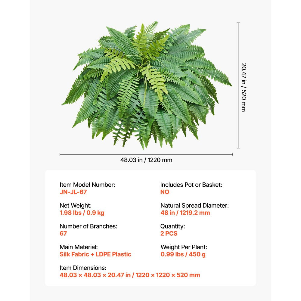 VEVOR Artificial Ferns, 48 Inch Fake Boston Fern Bush Plant with 67 Fronds, Faux Greenery for Indoor/Outdoor Decor, Silk & LDPE, Suitable for Home Porch Garden Office Living Room Planter, Set of 2
