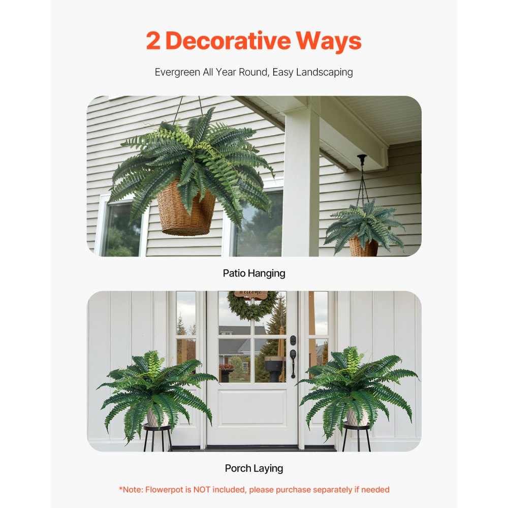 VEVOR Artificial Ferns 2 Pcs, Natural Spread Diameter 31-34 Inch, Large Hanging Artificial Boston Ferns, Fake Plant Wall Decor with 30 Branches, Faux Fern for Home and Office (Flowerpot Unincluded)