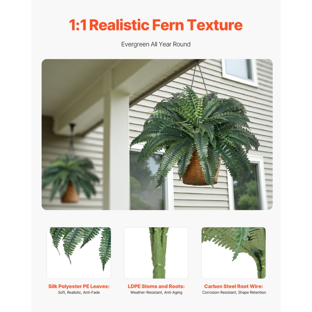 VEVOR Artificial Ferns 2 Pcs, Natural Spread Diameter 43-47 Inch, Large Hanging Artificial Boston Ferns, Fake Plant Wall Decor with 50 Branches, Faux Fern for Home and Office (Flowerpot Unincluded)