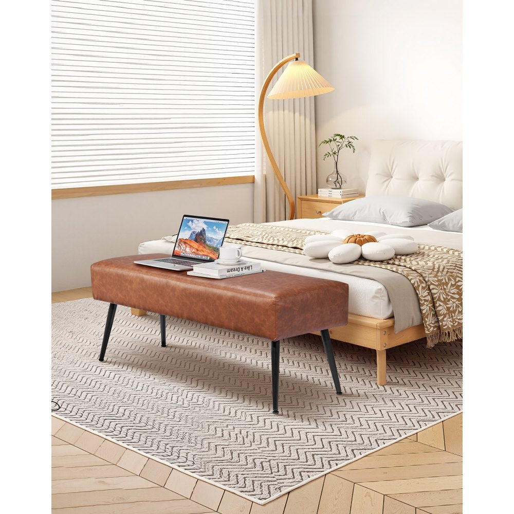VEVOR Leather Bedroom Bench, PU Leather Bench with Metal Legs and with Stitching for Entryway, Upholstered Shoe Bench Seat, Modern End of the Bed Benches for Living Room, Dining Room, Hallway, Brown