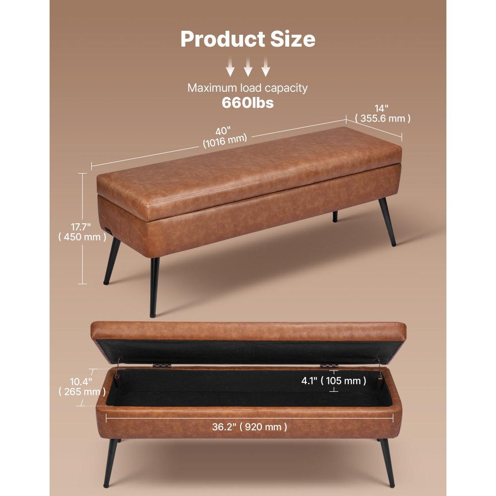 VEVOR Leather Storage Ottoman Bench, PU Leather Bench with Storage and Metal Legs, Upholstered Shoe Benches Seat for Entryway, Modern End of Bed Benches for Living Room, Dining Room, Hallway, Brown