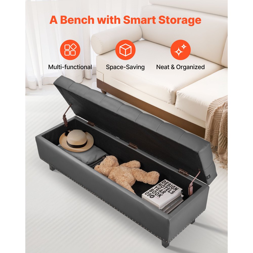 VEVOR Button-Tufted Storage Ottoman Bench, PU Leather Bench with Storage and Solid Wood Legs, Modern Shoe Benches Seat for Entryway, Upholstered End of Bed Benches for Living Room, Dining Room, Gray