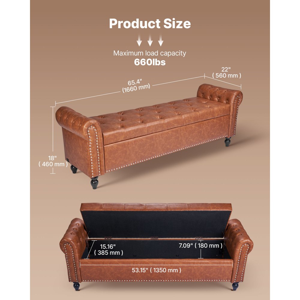 VEVOR Button-Tufted Storage Ottoman Bench, Rolled Arm PU Leather Bench with Solid Wood Legs, Modern Shoe Benches Seat for Entryway, Upholstered End of Bed Benches for Living Room, Dining Room, Brown