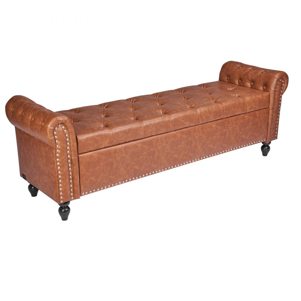 VEVOR Button-Tufted Storage Ottoman Bench, Rolled Arm PU Leather Bench with Solid Wood Legs, Modern Shoe Benches Seat for Entryway, Upholstered End of Bed Benches for Living Room, Dining Room, Brown