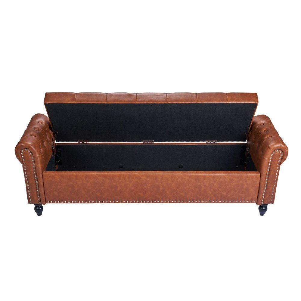 VEVOR Button-Tufted Storage Ottoman Bench, Rolled Arm PU Leather Bench with Solid Wood Legs, Modern Shoe Benches Seat for Entryway, Upholstered End of Bed Benches for Living Room, Dining Room, Brown