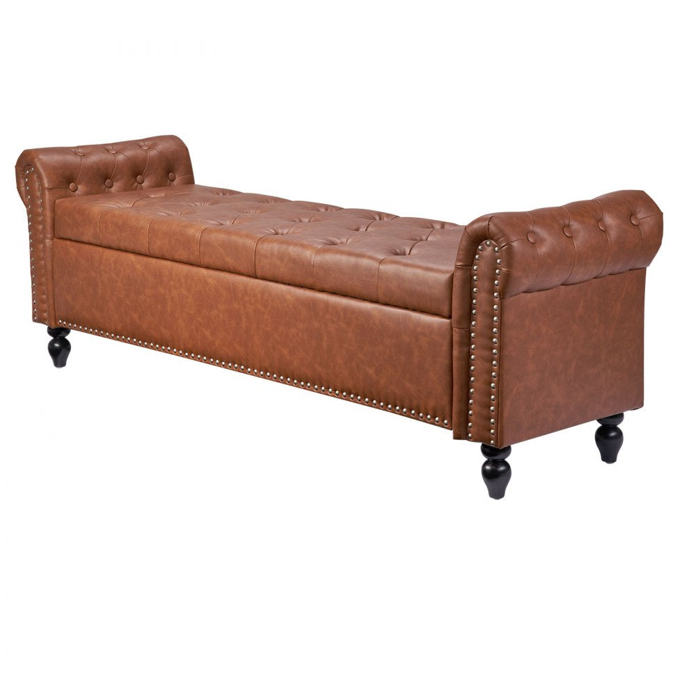 VEVOR Button-Tufted Storage Ottoman Bench, Rolled Arm PU Leather Bench with Solid Wood Legs, Modern Shoe Benches Seat for Entryway, Upholstered End of Bed Benches for Living Room, Dining Room, Brown