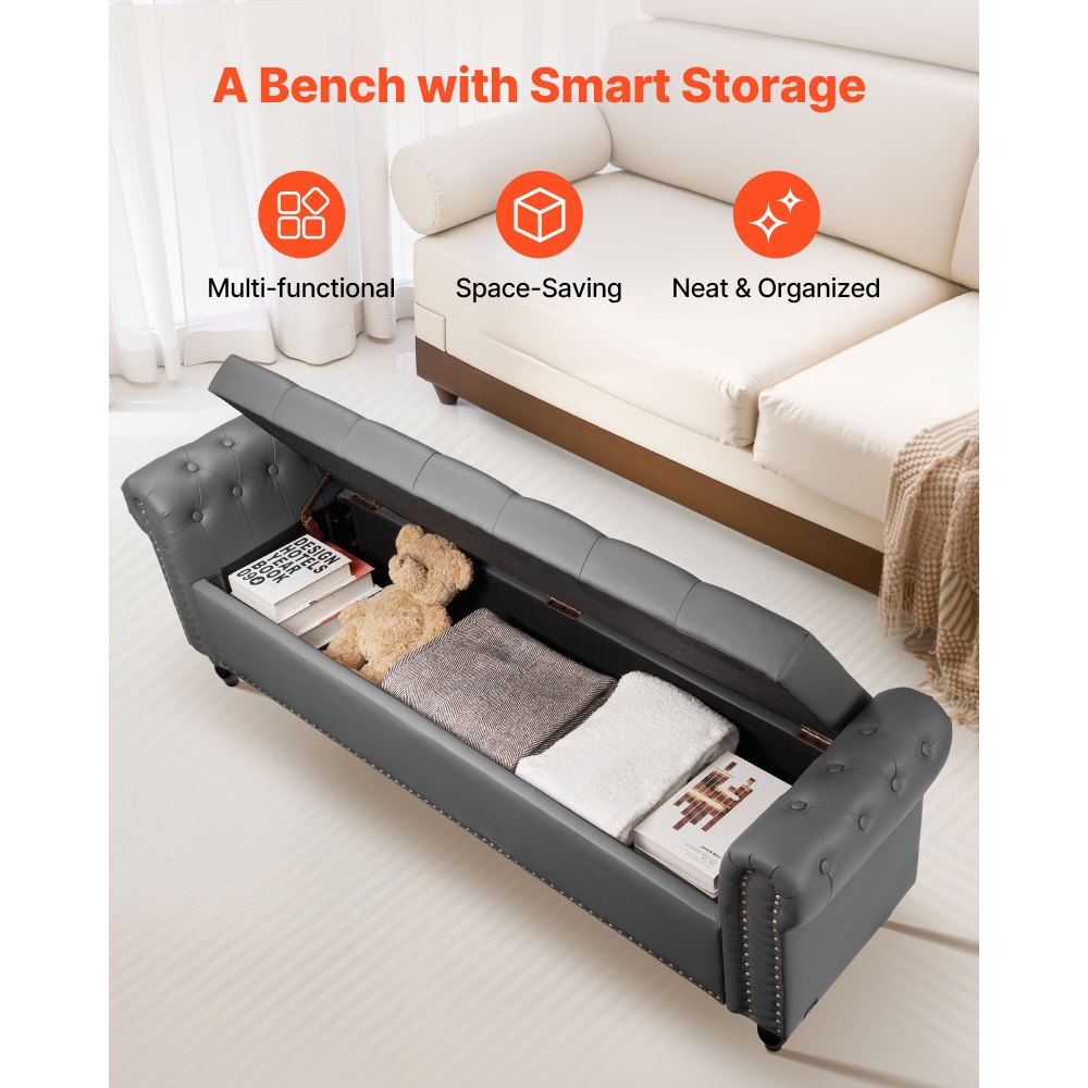 VEVOR Button-Tufted Storage Ottoman Bench, Rolled Arm PU Leather Bench with Solid Wood Legs, Modern Shoe Benches Seat for Entryway, Upholstered End of Bed Benches for Living Room, Dining Room, Gray