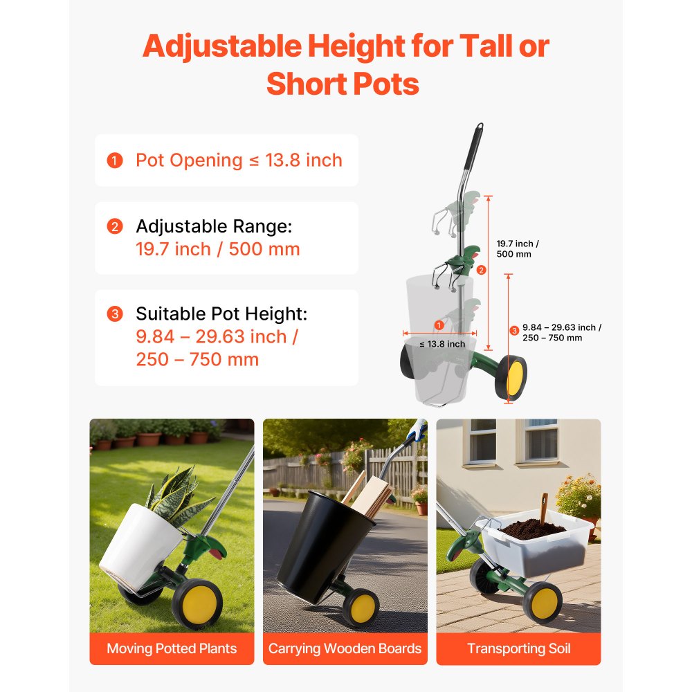 VEVOR Garden Pot Mover, Heavy Duty Plant Dolly Cart with Adjustable Grabbing Arm, Max 143 LBS Weight Capacity, Potted Plant Mover Dolly with Suction Cup and Secure Lock, Fits for Indoor & Outdoor Use