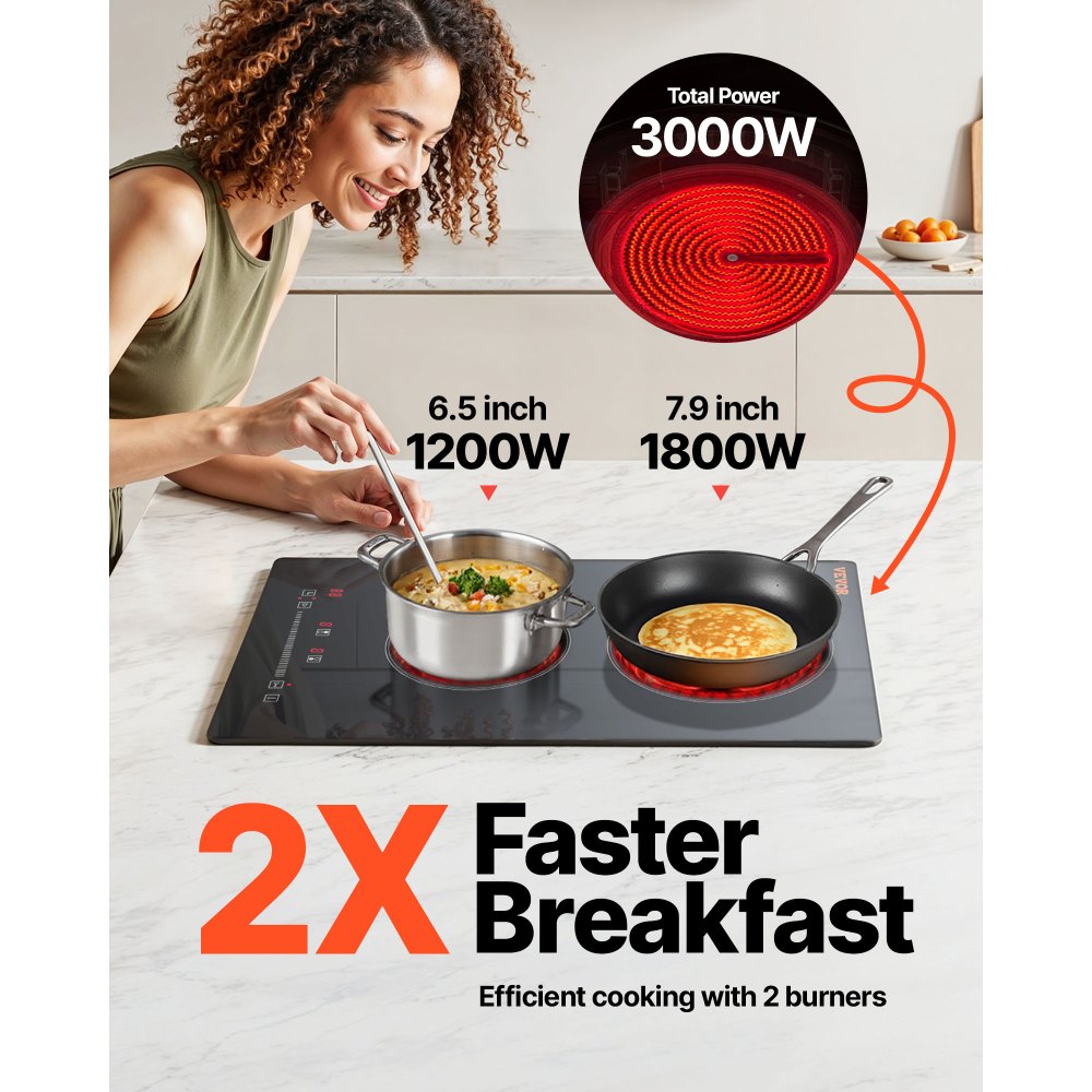 VEVOR Built in Electric Stove Top, 20 x 11.6 inch 2 Burners, 240V Glass Radiant Cooktop with Sensor Touch Control, Timer & Child Lock Included, 9 Power Levels for Simmer Steam Slow Cook Fry