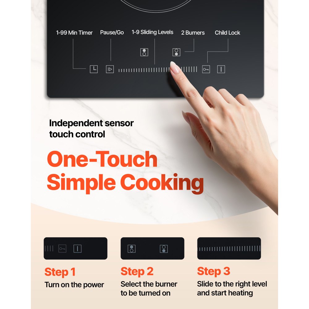 VEVOR Built in Electric Stove Top, 20 x 11.6 inch 2 Burners, 240V Glass Radiant Cooktop with Sensor Touch Control, Timer & Child Lock Included, 9 Power Levels for Simmer Steam Slow Cook Fry