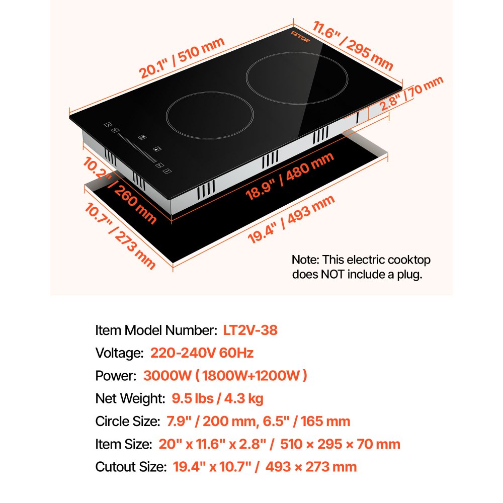 VEVOR Built in Electric Stove Top, 20 x 11.6 inch 2 Burners, 240V Glass Radiant Cooktop with Sensor Touch Control, Timer & Child Lock Included, 9 Power Levels for Simmer Steam Slow Cook Fry
