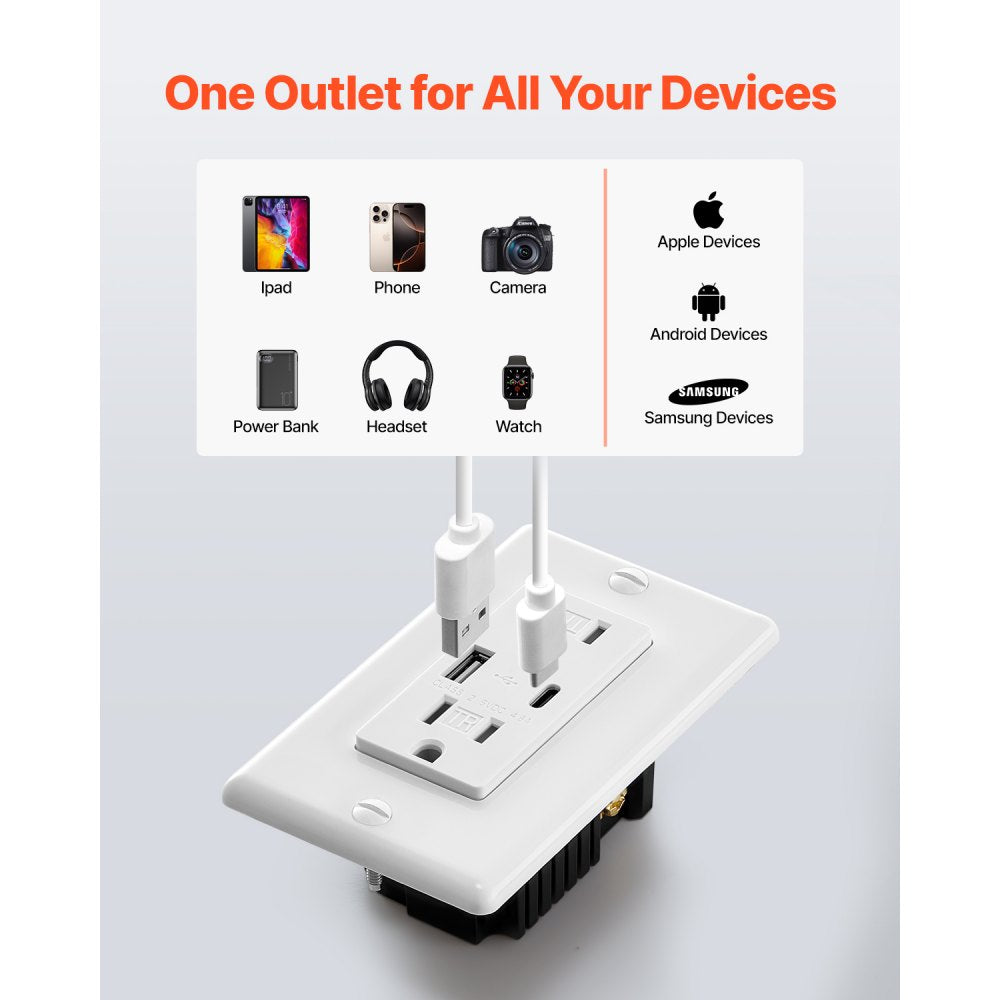 VEVOR USB Wall Outlet, 24 W 15A Tamper Resistant Electrical Outlet with 1 Type C & 1 Type A Ports, 2 Three-prong AC Outlets, Screwless Wall Plate Included, Charging for Multiple Devices, White