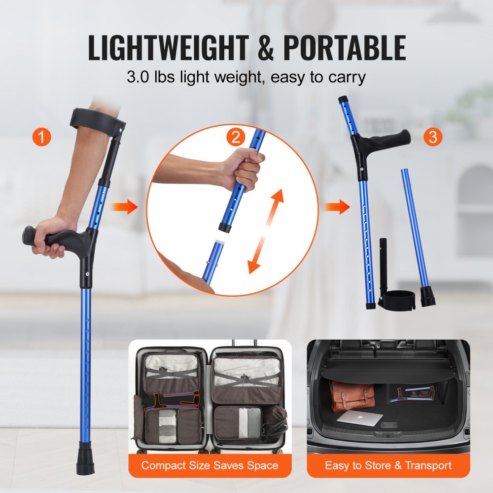VEVOR Forearm Crutches for Adults, 11-Level Height Adjustable Walking Crutches with 4-Level Upper Cuff, Lightweight Aluminum Medical Support Crutches for Leg Injury Surgery Disabled, 1 Pair (350LBS)