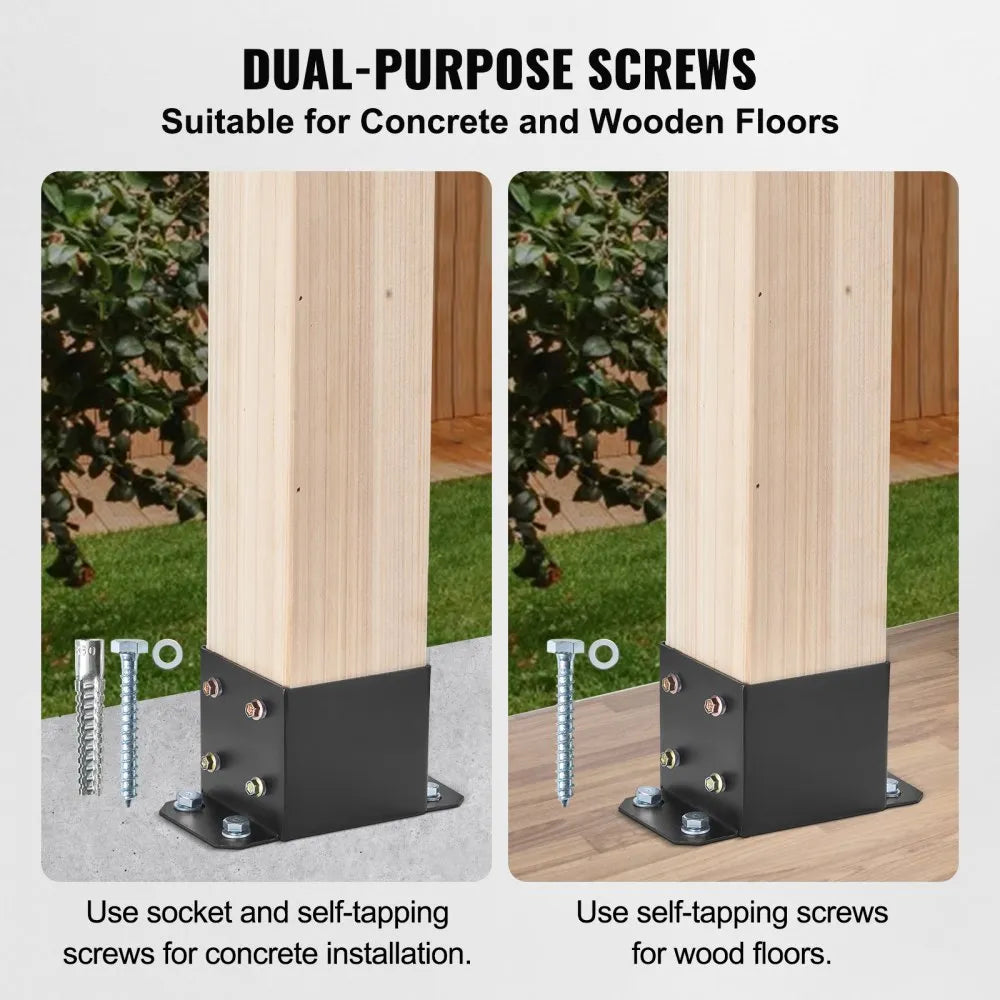 VEVOR 6x6 Post Base 4 Pcs, Inner Size 5.6"x5.6" Post Base Brackets, Heavy Duty Powder-Coated Post Anchor Matte Black Wood Post Brackets for Pavilion Deck Railing Support Deck Base Plate