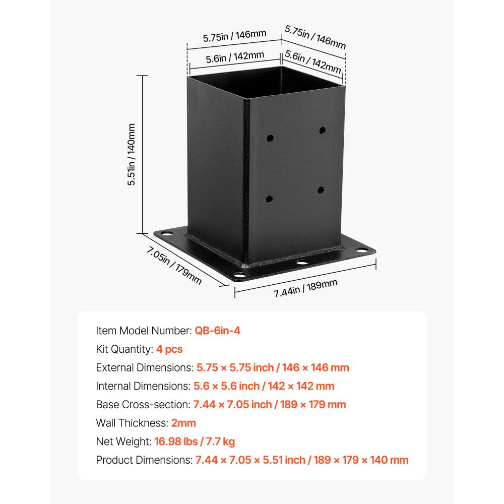 VEVOR 6x6 Post Base 4 Pcs, Inner Size 5.6x5.6 inch / 142x142 mm Post Brackets, Heavy Duty Carbon Steel Decking Posts, Wood Posts Brackets for Pavilion Deck Railing Support Deck Base Plate, Black
