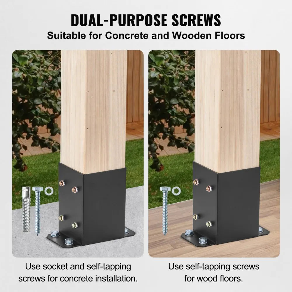 VEVOR 4x4 Post Base 4 Pcs, Inner Size 3.6"x3.6" Post Base Brackets, Heavy Duty Powder-Coated Post Anchor Matte Black Wood Post Brackets for Pavilion Deck Railing Support Deck Base Plate