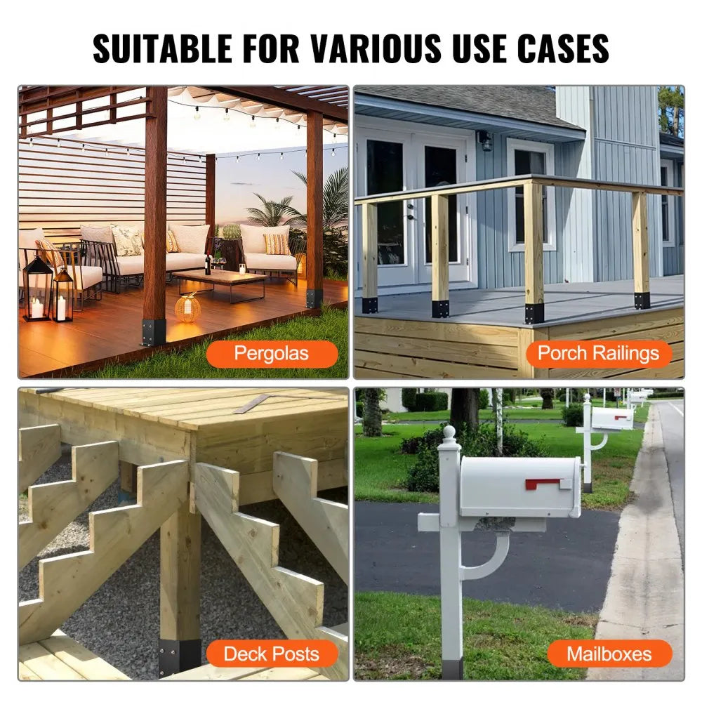 VEVOR 4x4 Post Base 4 Pcs, Inner Size 3.6"x3.6" Post Base Brackets, Heavy Duty Powder-Coated Post Anchor Matte Black Wood Post Brackets for Pavilion Deck Railing Support Deck Base Plate