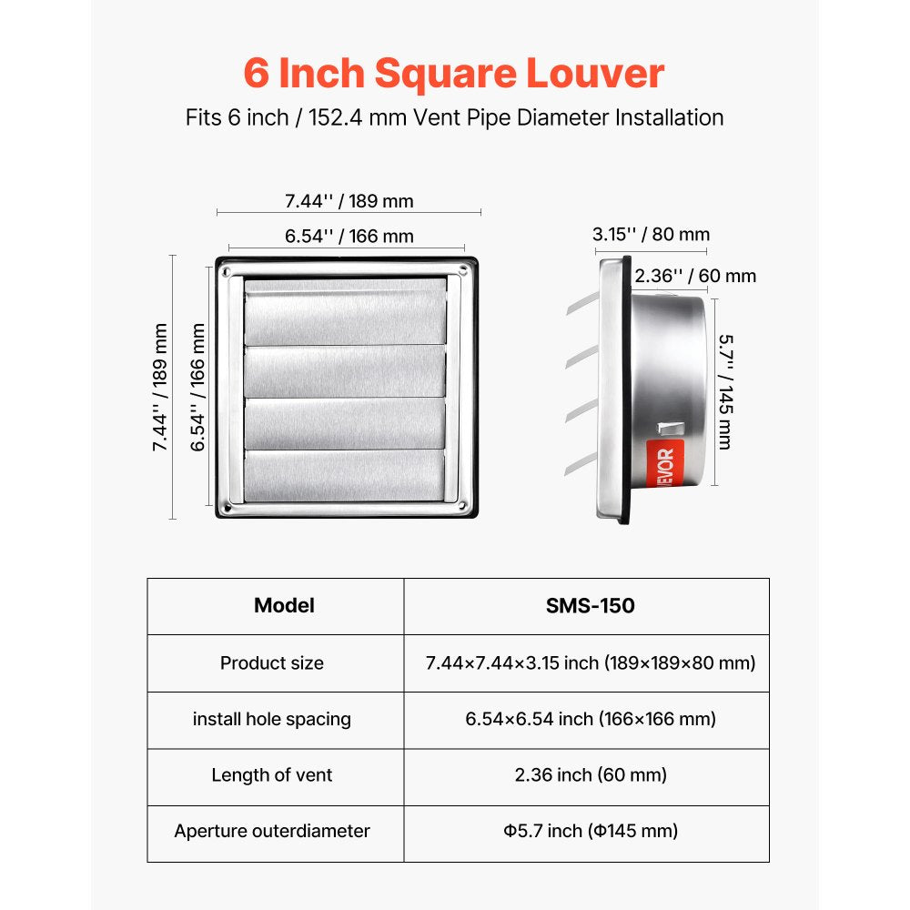 VEVOR 6 inch Wall Vent Cover, Louvered Square AC Vent Gable Cover, Premium Stainless Steel & with Noise Reducing Rubber Gasket, for House,Bathroom,Garage,Kitchen,Basement (1 Pack, Silver)