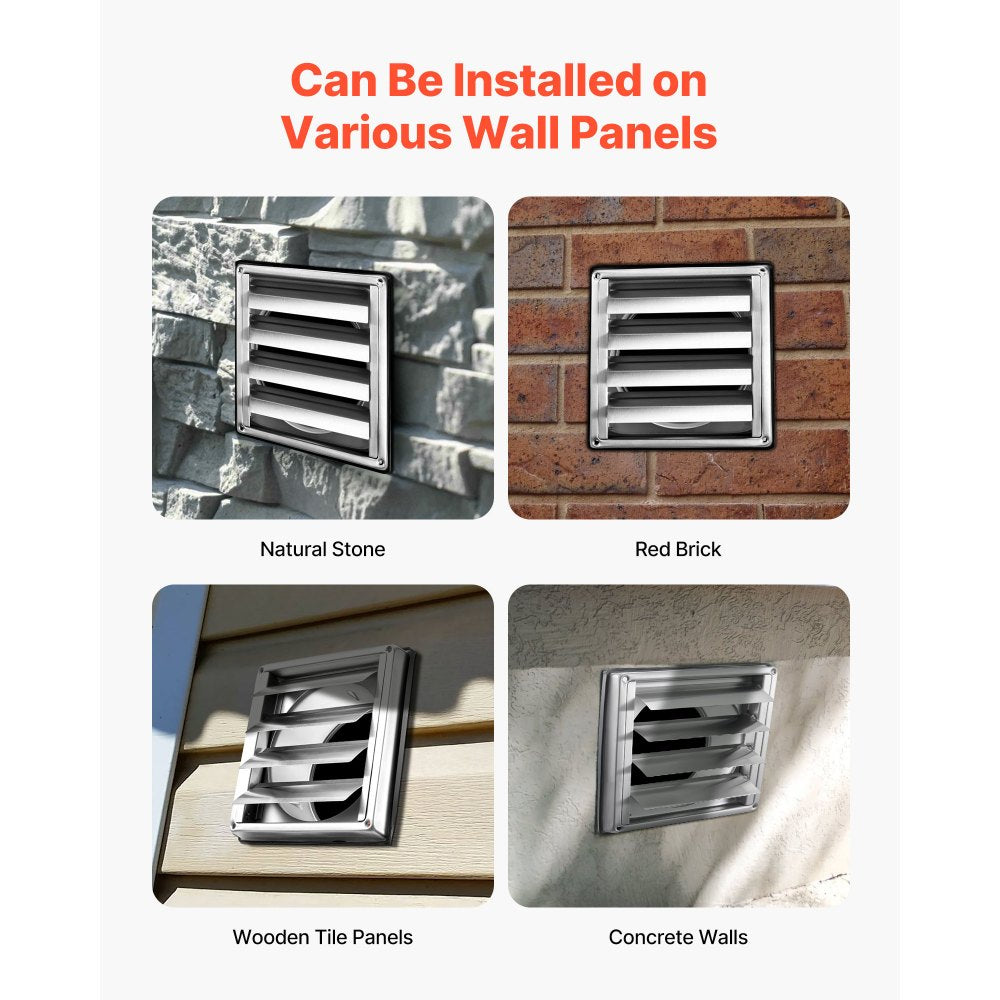 VEVOR 6 inch Wall Vent Cover, Louvered Square AC Vent Gable Cover, Premium Stainless Steel & with Noise Reducing Rubber Gasket, for House,Bathroom,Garage,Kitchen,Basement (1 Pack, Silver)