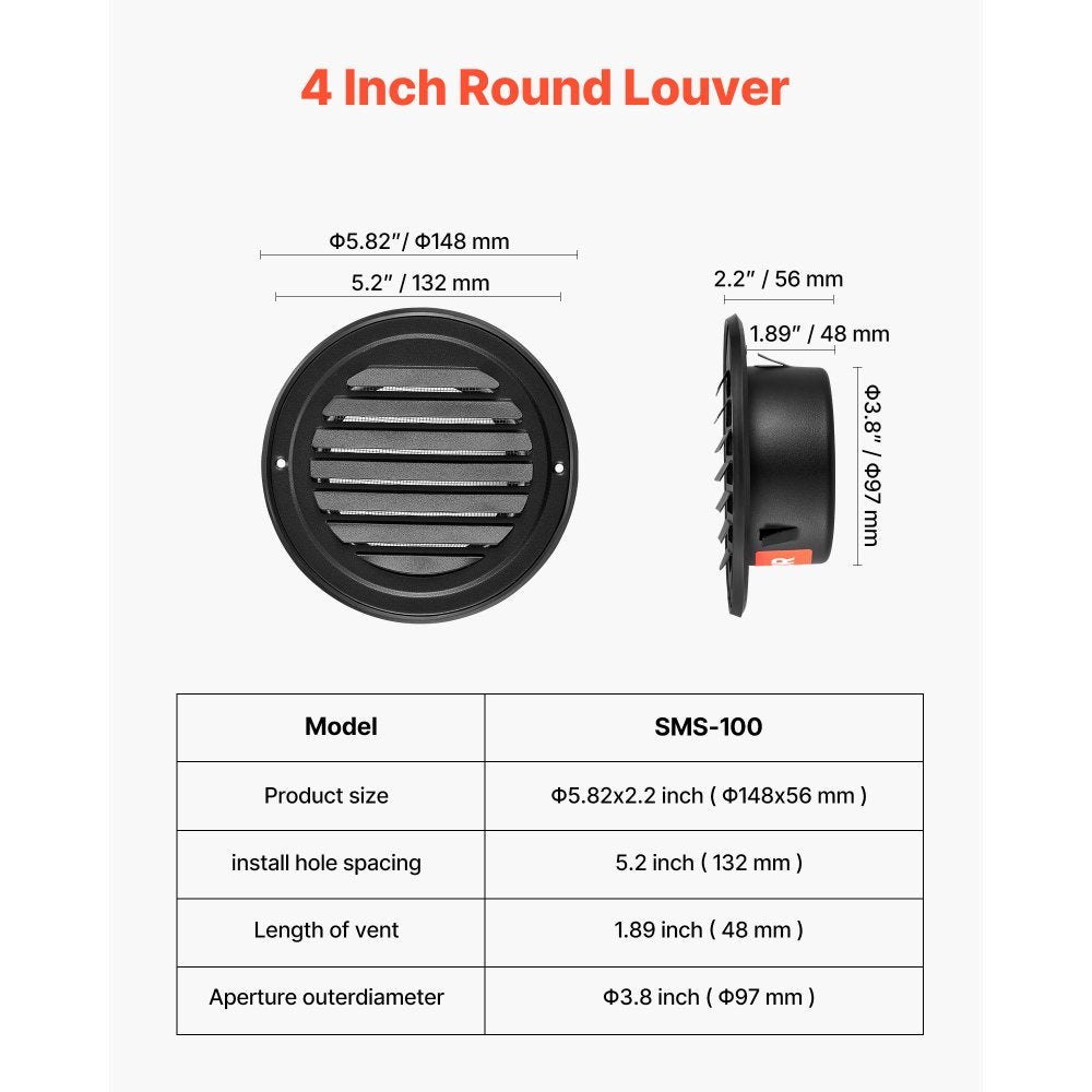 VEVOR 4 inch Wall Vent Cover, Louvered Round AC Vent Gable Cover, Premium Stainless Steel & with Built-in a Protection Screen, for House,Bathroom,Garage,Kitchen,Basement (2 Pack, Black)